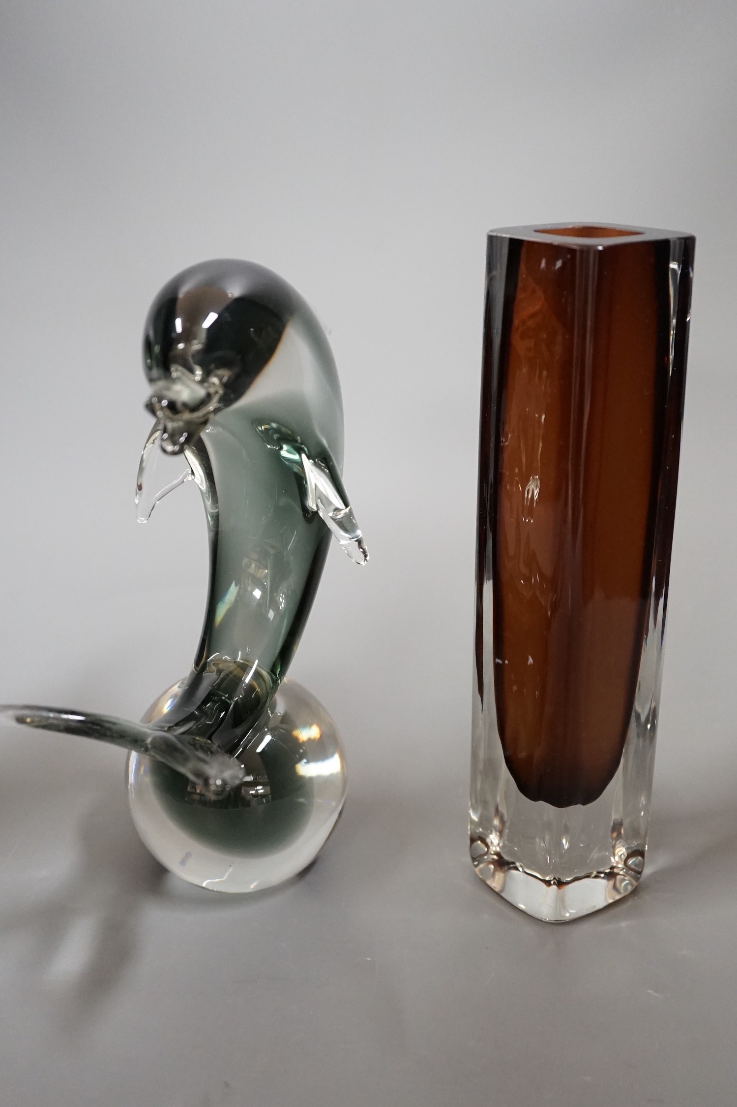 A V. Nason, Murano glass dolphin figure and a Sommerso style vase, vase 12.5cm high